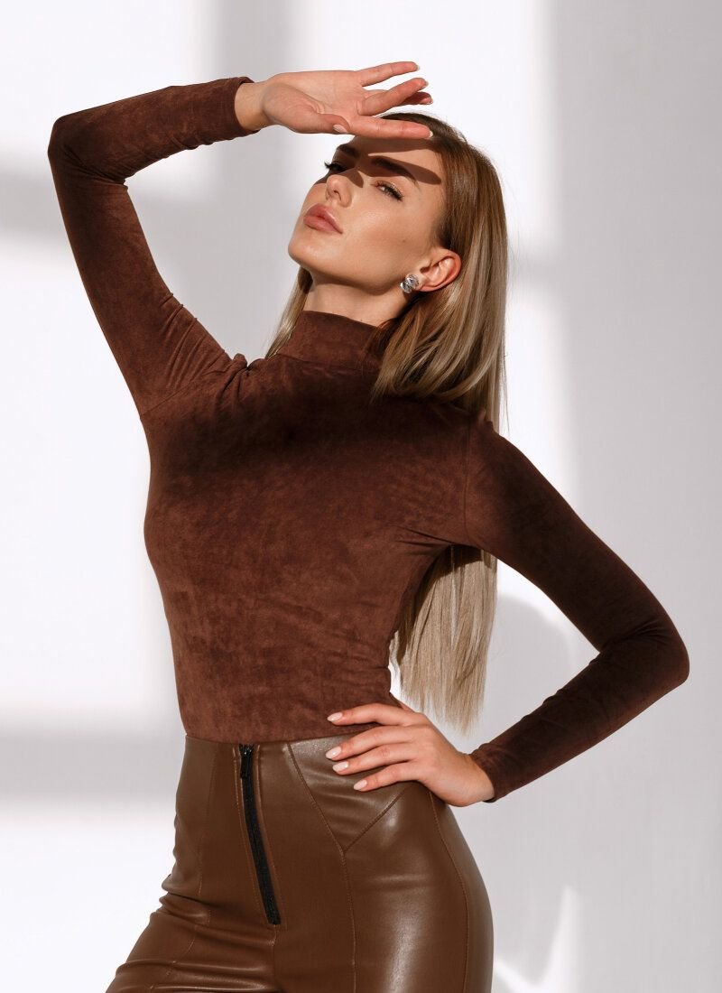 Chocolate-colored suede bodysuit