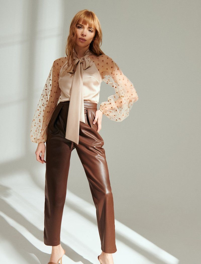 Chocolate-colored leather trousers