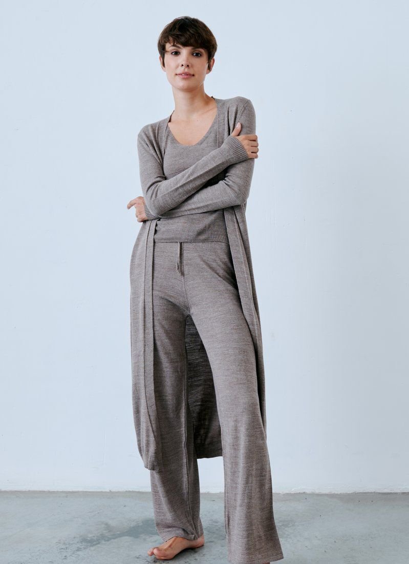 Mocha-colored three-piece suit