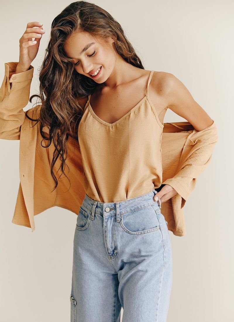 Beige top and shirt set