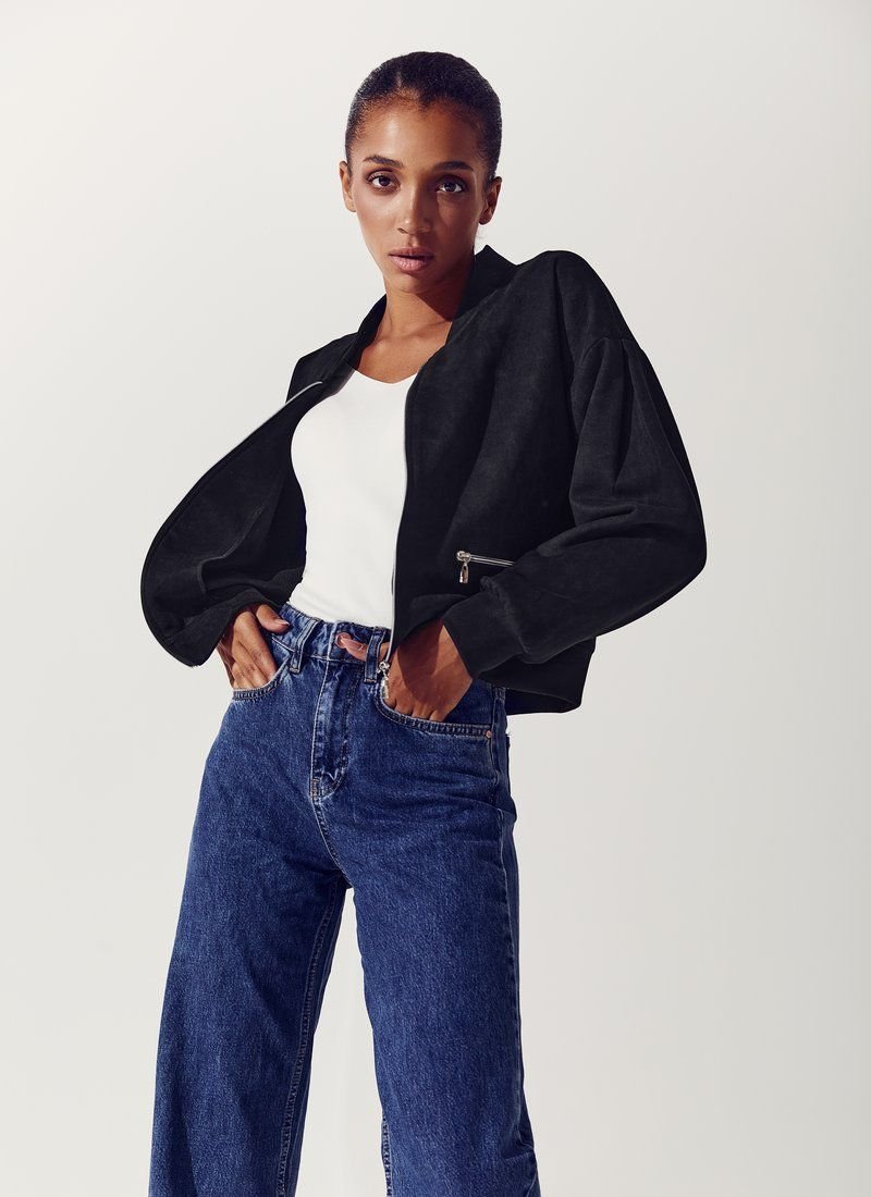 Eco-suede bomber jacket in black