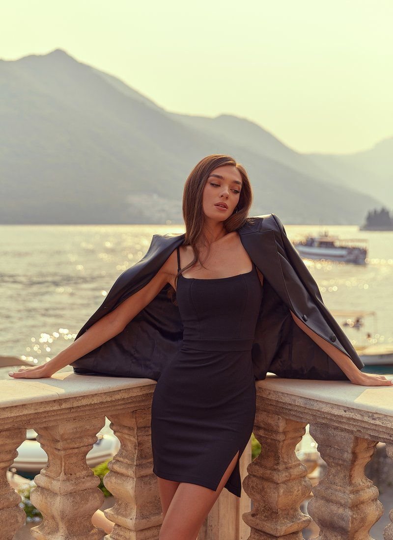 Black mini dress with thin straps