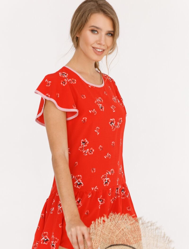 Red dress with an asymmetric cut