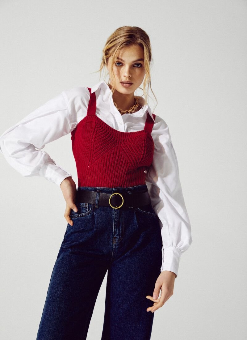 Red textured knit T-shirt