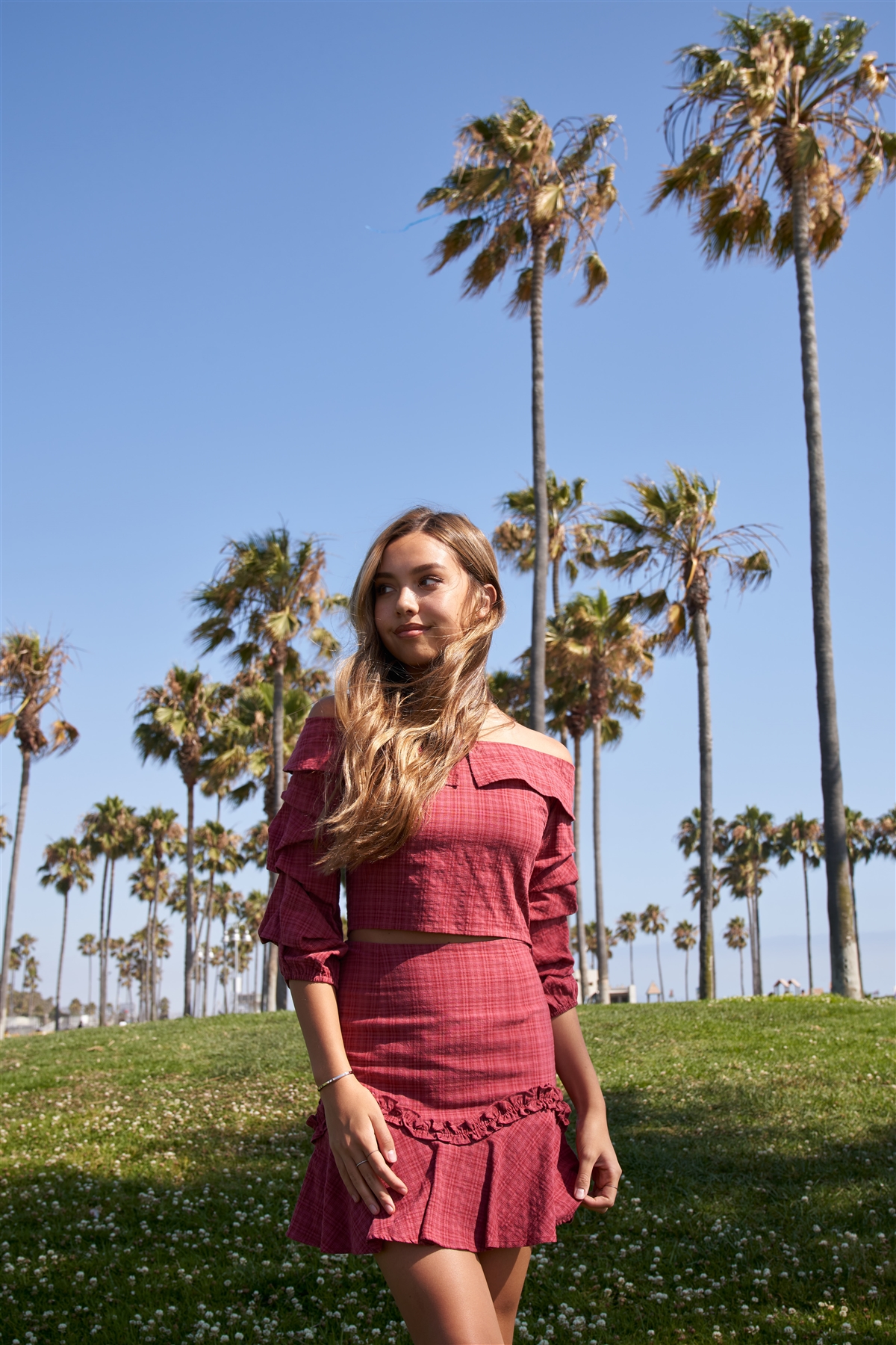 Raspberry Plaid Off-the Shoulder Retro Chic Crop Top &amp; Mini Ruffle Skirt Set