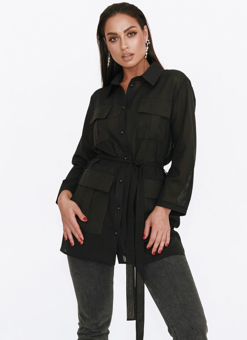 Translucent black blouse with pockets