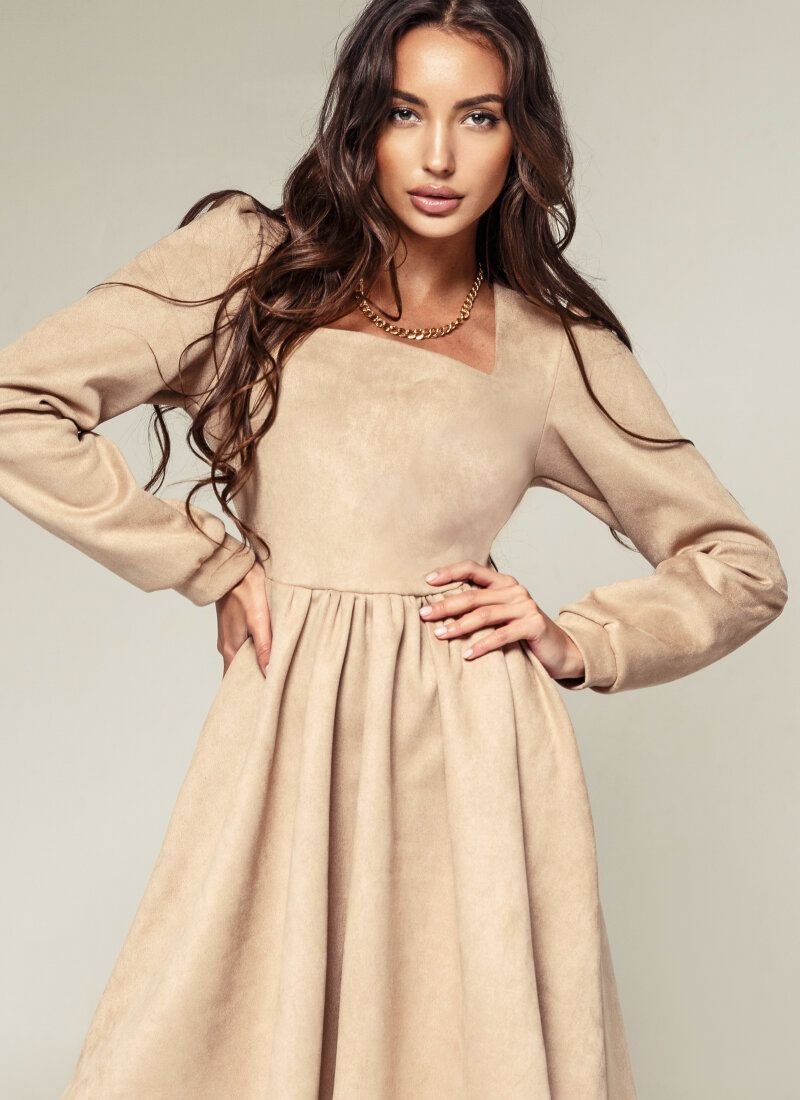 Suede mini dress with voluminous sleeves