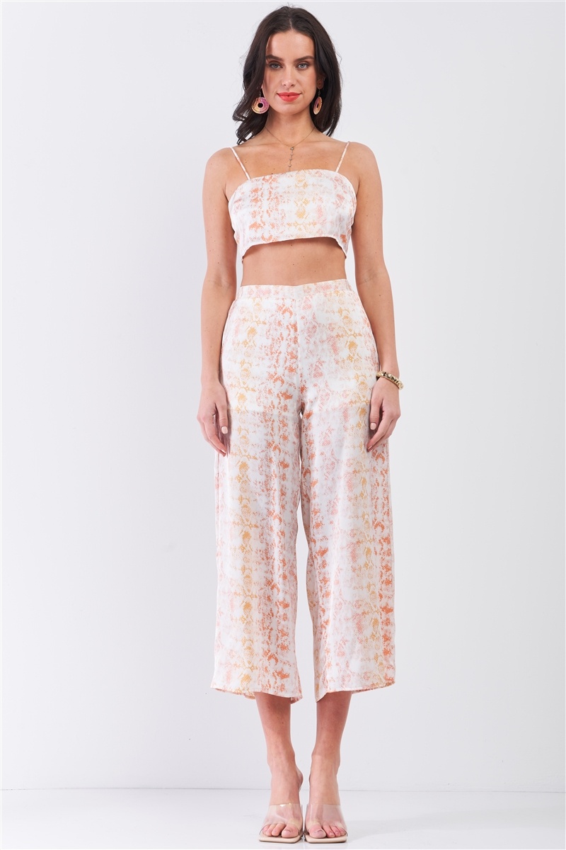 Silky Snake Print Sleeveless Crop Top &amp; High Waist Flare Bottom Pants Set