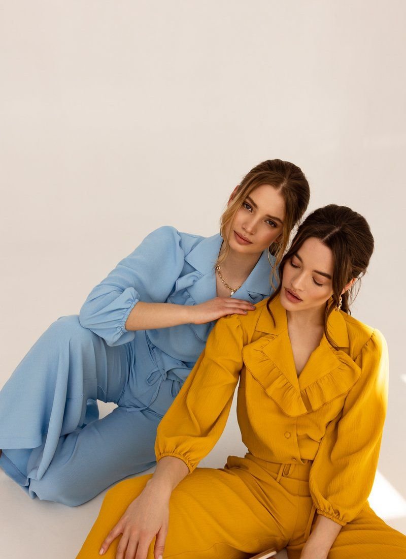 Mustard suit with wide trousers