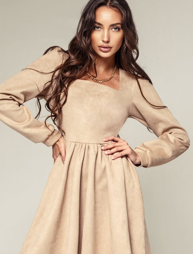 Suede mini dress with voluminous sleeves