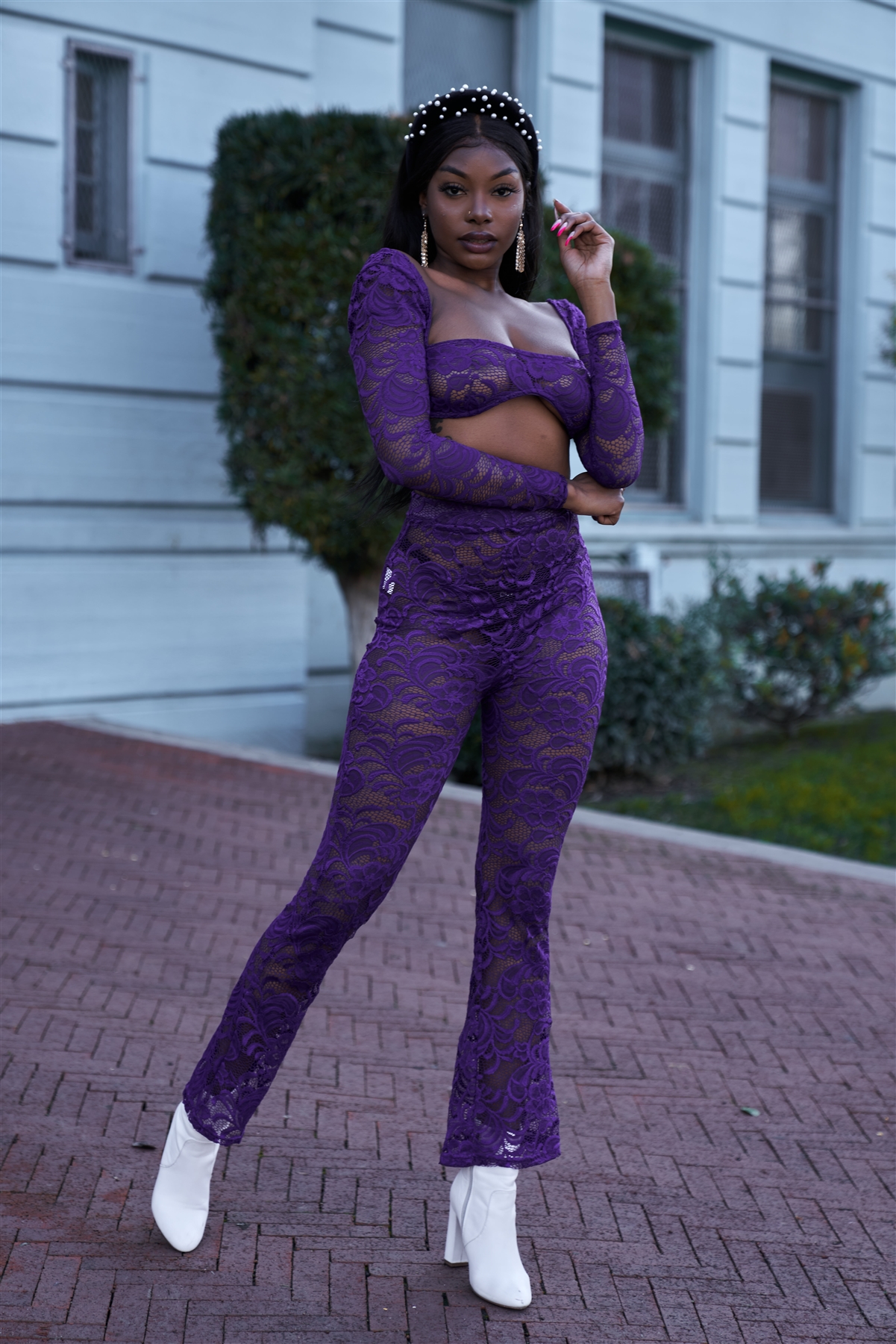 Sheer Floral Lace Crop Square Neck Top &amp; High Waist Flare Pant Set