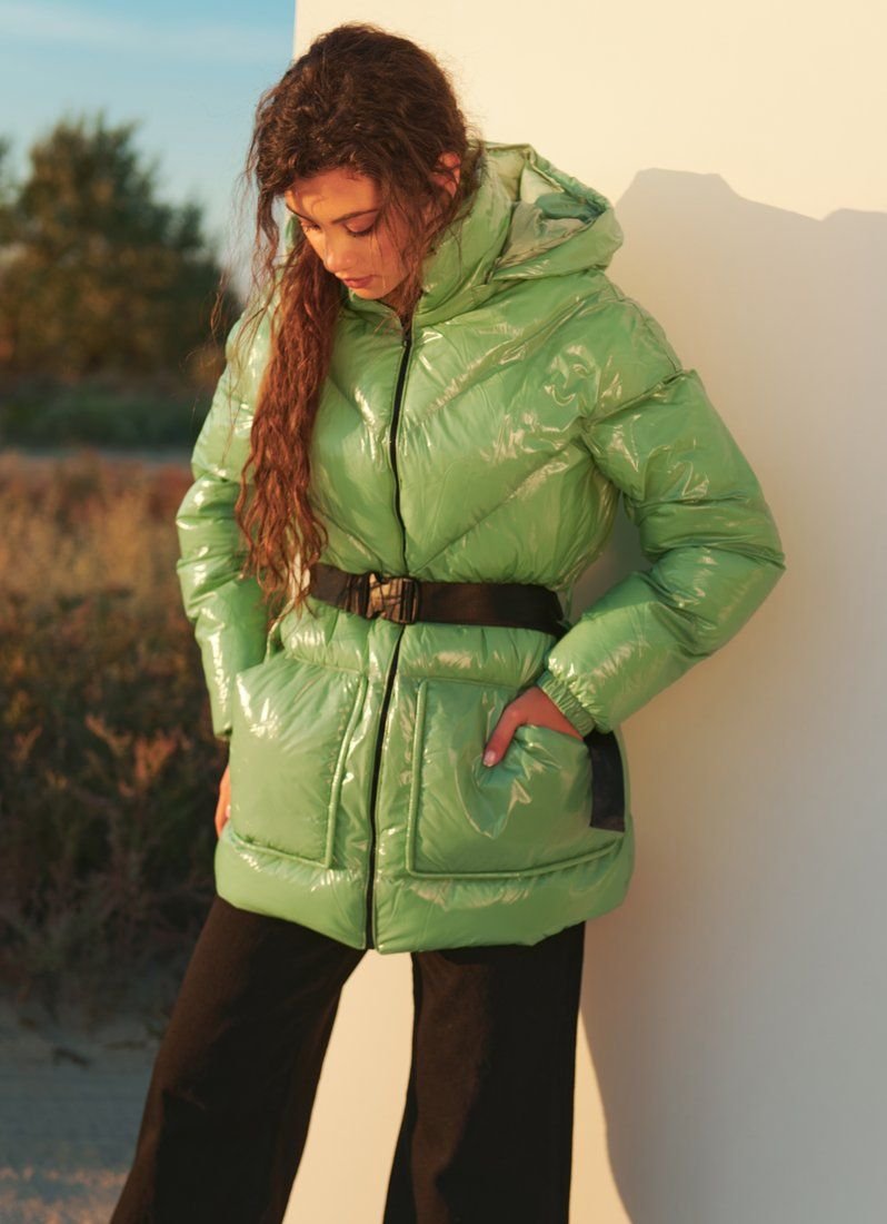 Pistachio down jacket with belt
