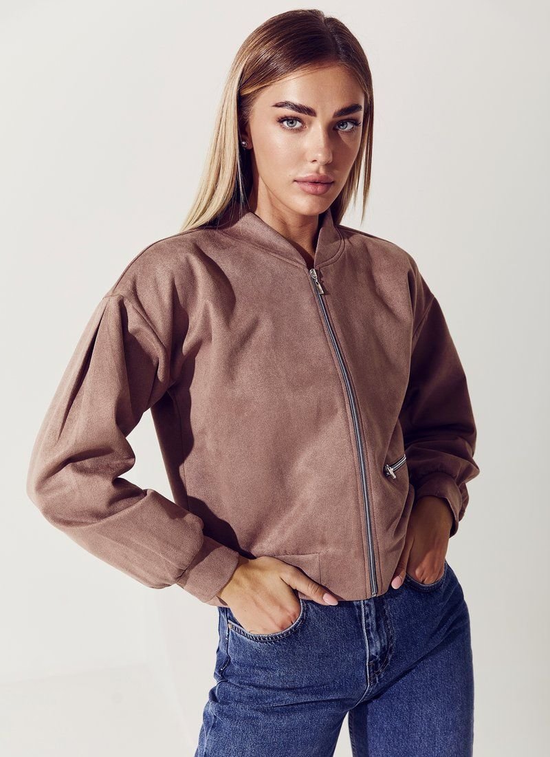 Cappuccino-colored eco-suede bomber jacket