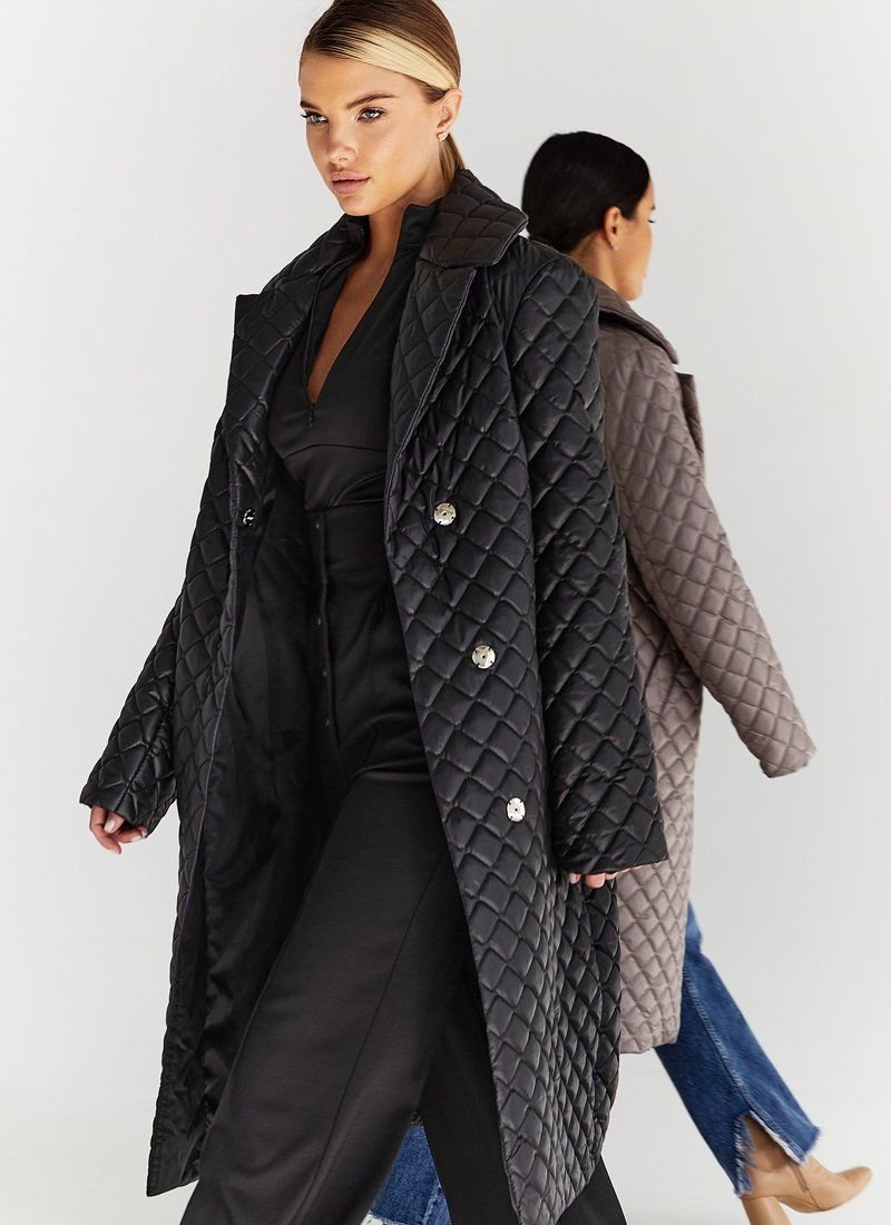 Black quilted coat with belt