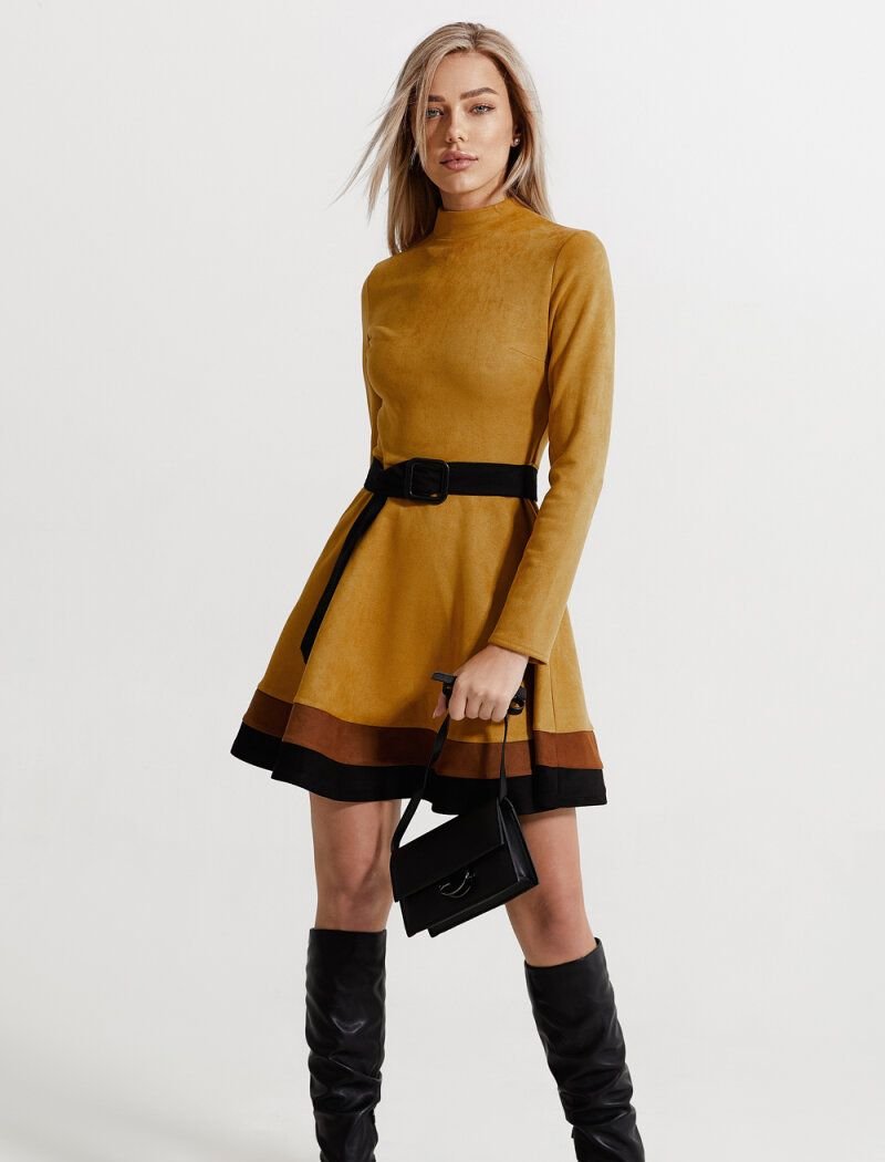 Mustard dress made of soft suede