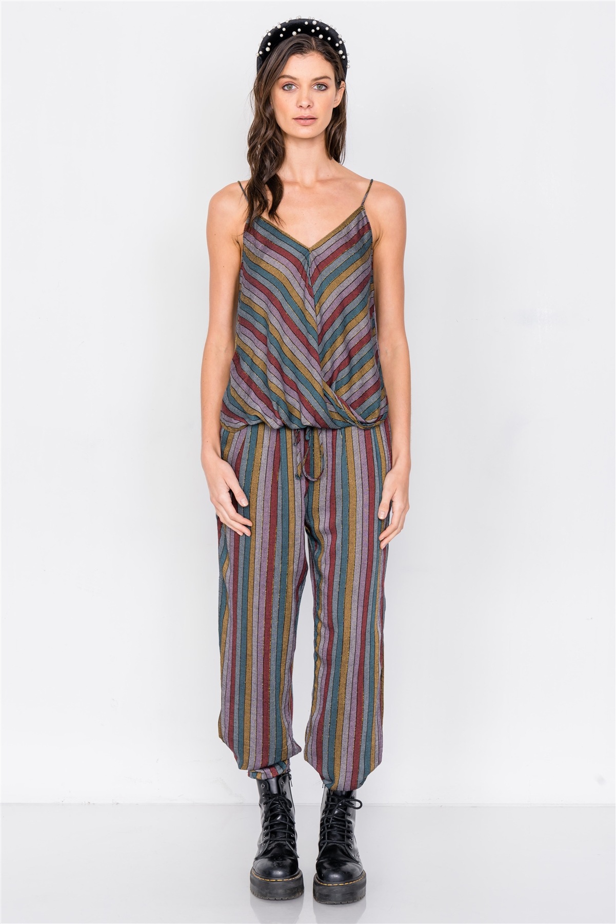 Multi Stripe Scoop Neck High-low Cami &amp; Side Slit Harem Pant Set