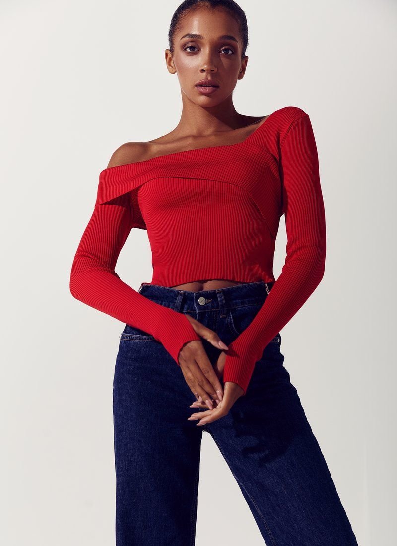 Red longsleeve on one shoulder